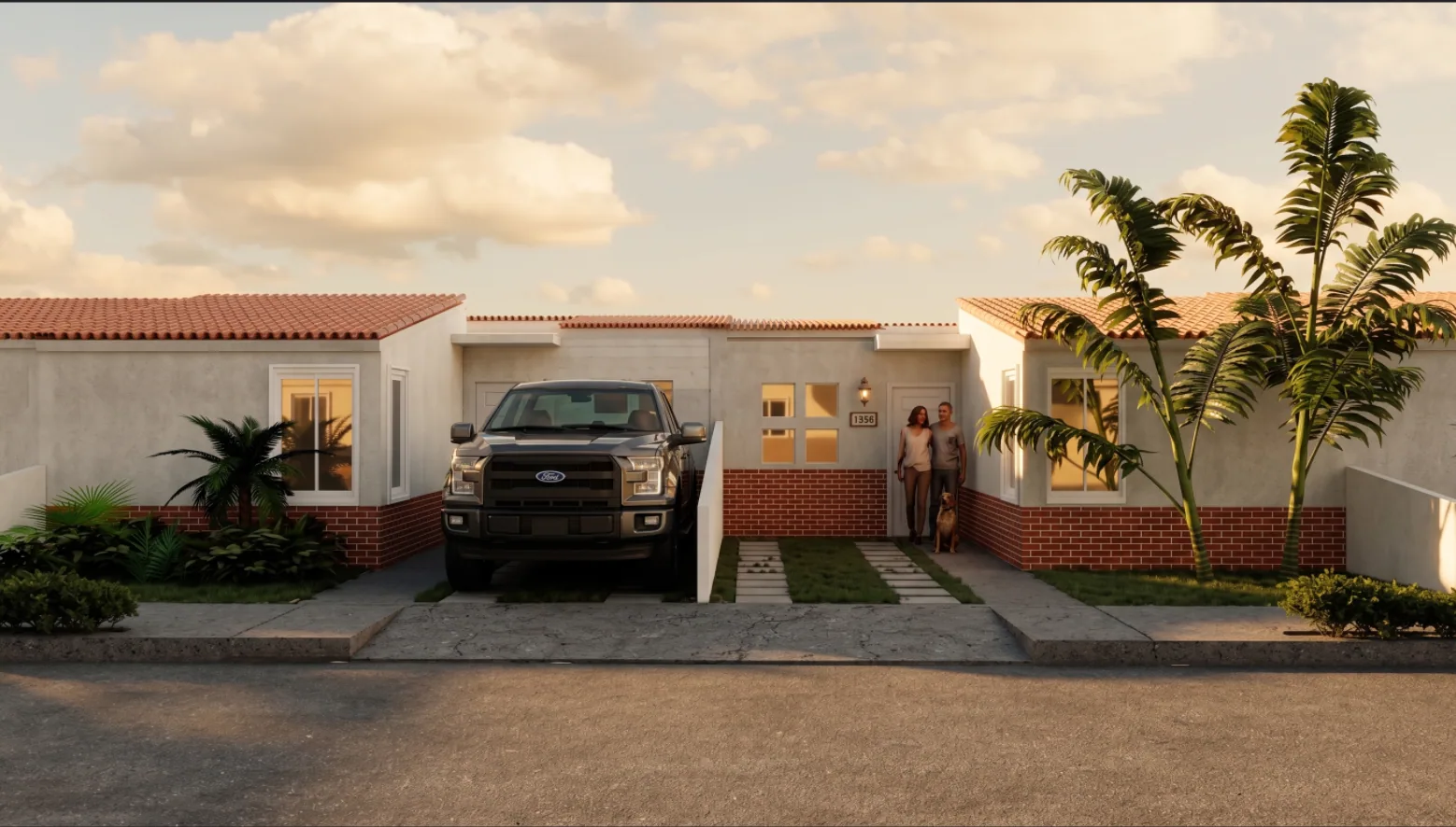 Fachada de una vivienda de Villarcangel al atardecer con una camioneta en el acceso