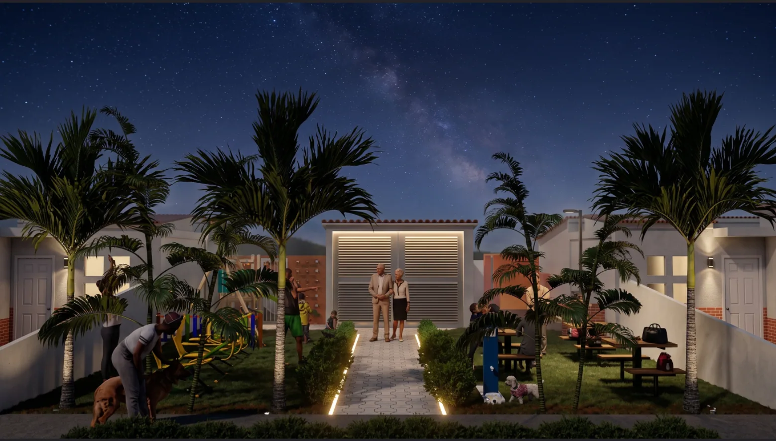 Casa iluminada de noche con vecinos