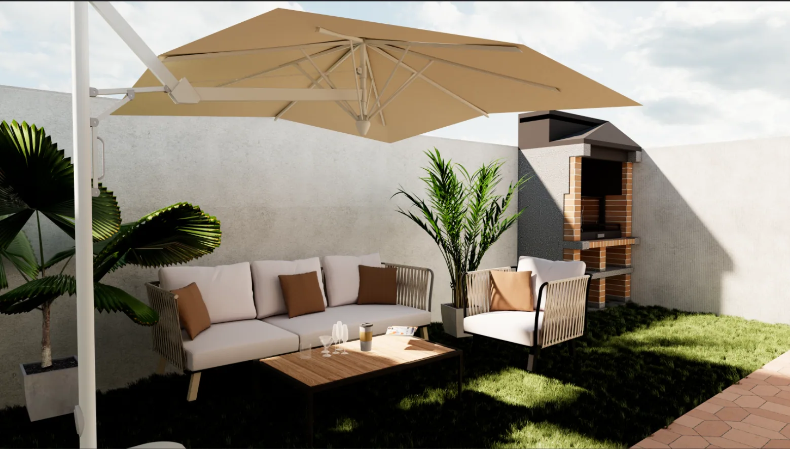 Terraza con sofá exterior y pérgola