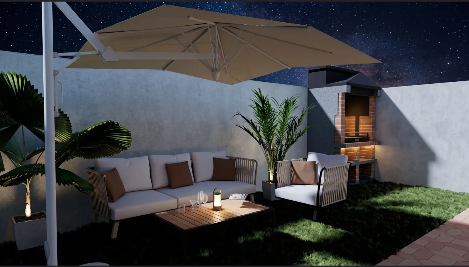 Terraza trasera iluminada de noche con sofá exterior y pérgola